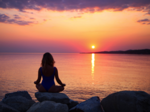 woman meditating on a rock at sunset